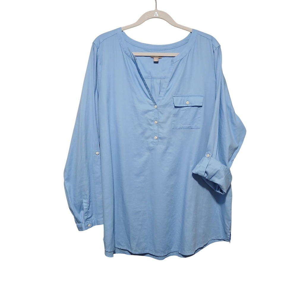 J. Jill Womens XL Blue Cotton Roll Tab‎ Sleeve Button Neck Tunic Top 203917